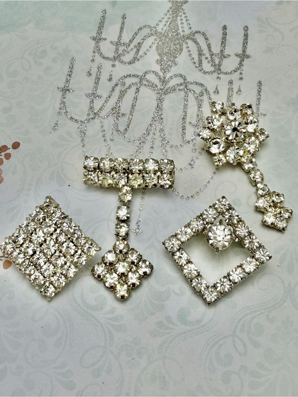 Rhinestone Crystal Brooch Set - Silver Clear Accent Pins #cz778